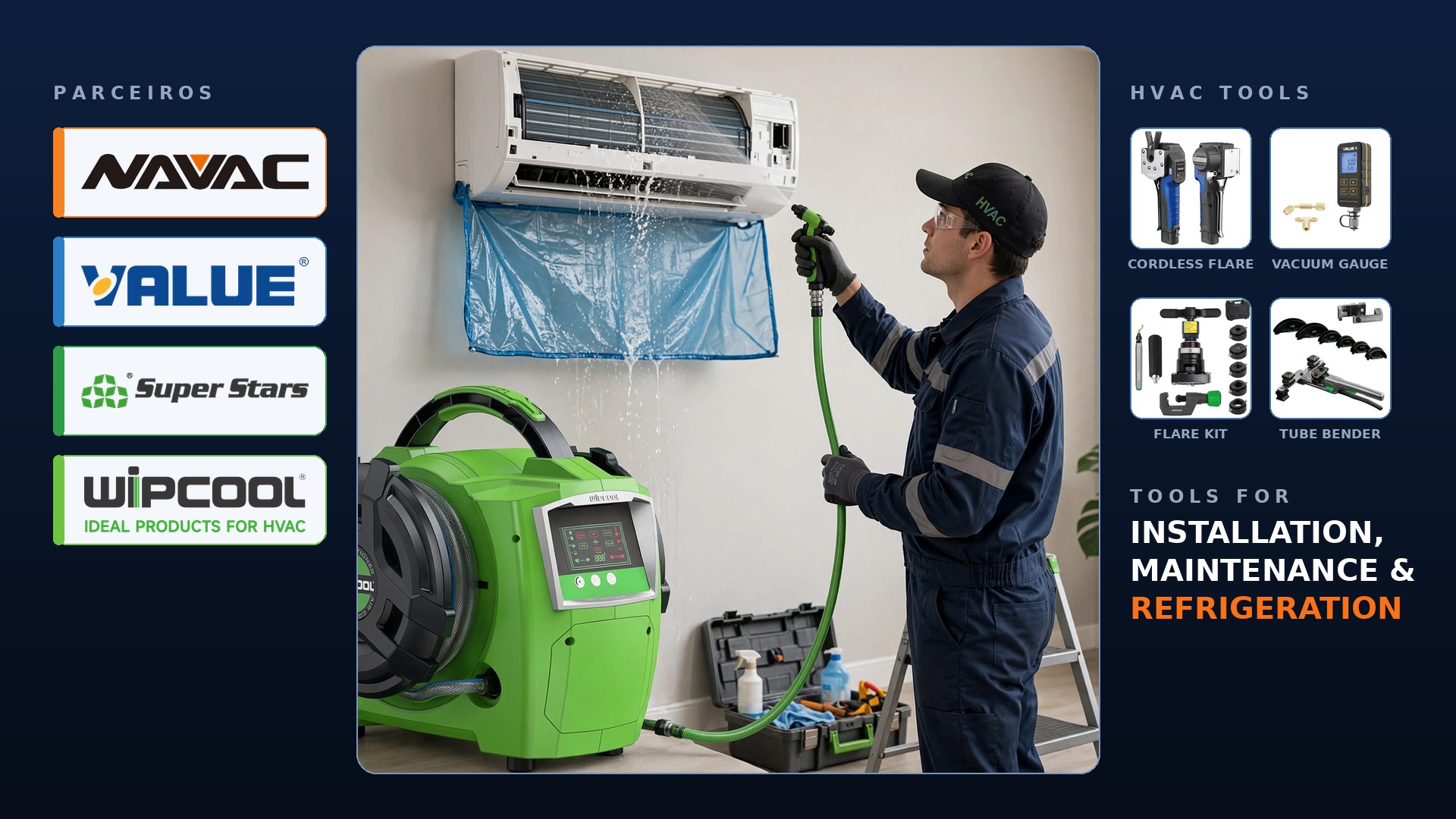 Technician washing a mini-split air conditioner with the Wipcool C35S steam coil cleaning machine