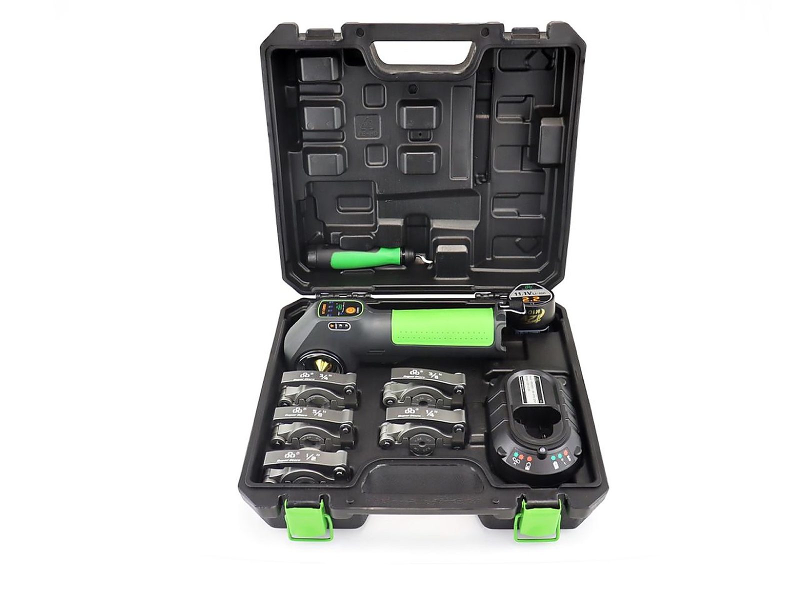 Super Stars ST-E800A cordless flaring tool kit with battery, charger, clamps, and hard case