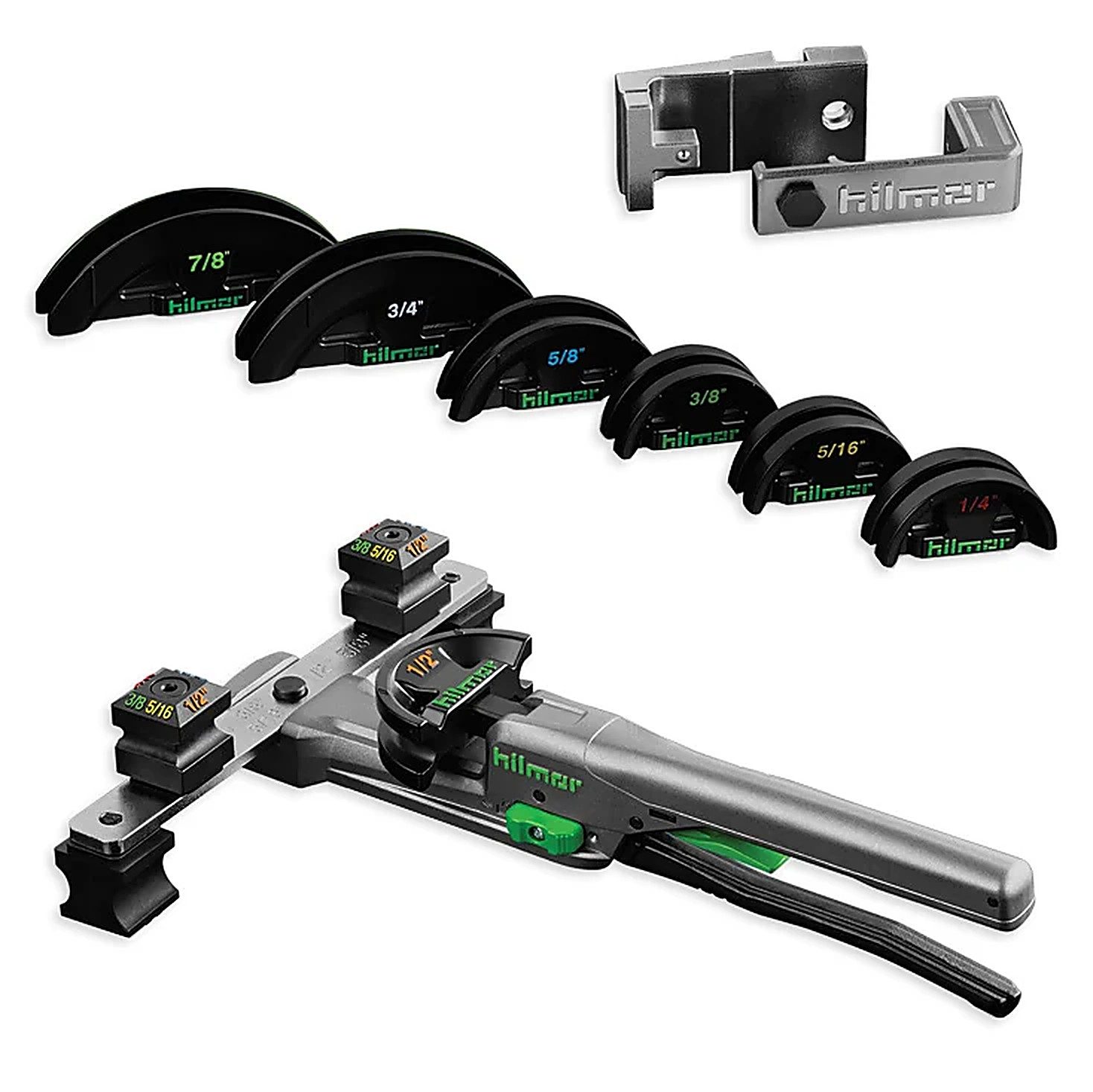 Hilmor compact tube bender with reverse bending attachment and mandrels
