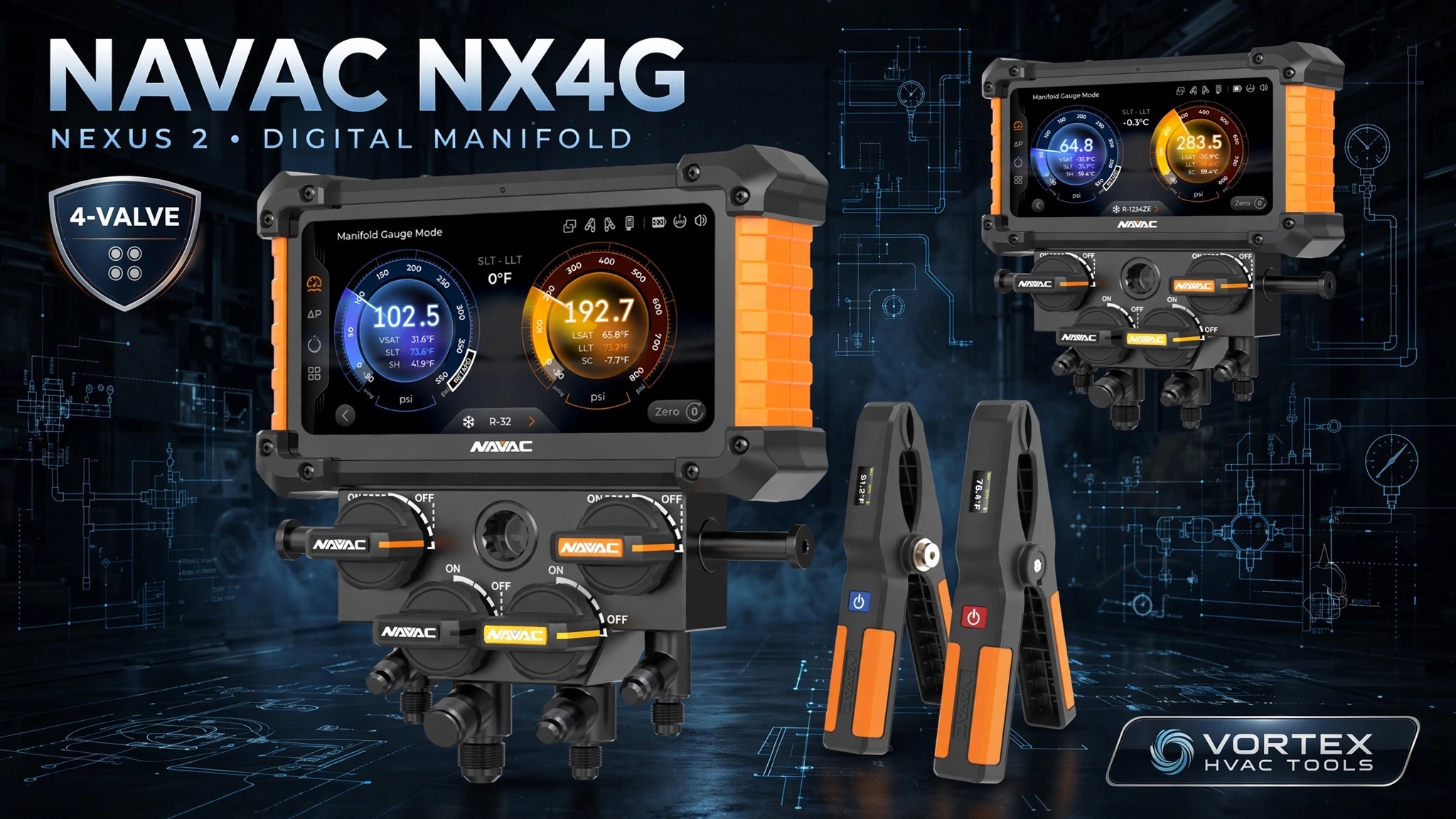 NAVAC NX4G NEXUS 2 digital manifold with Bluetooth temperature clamps